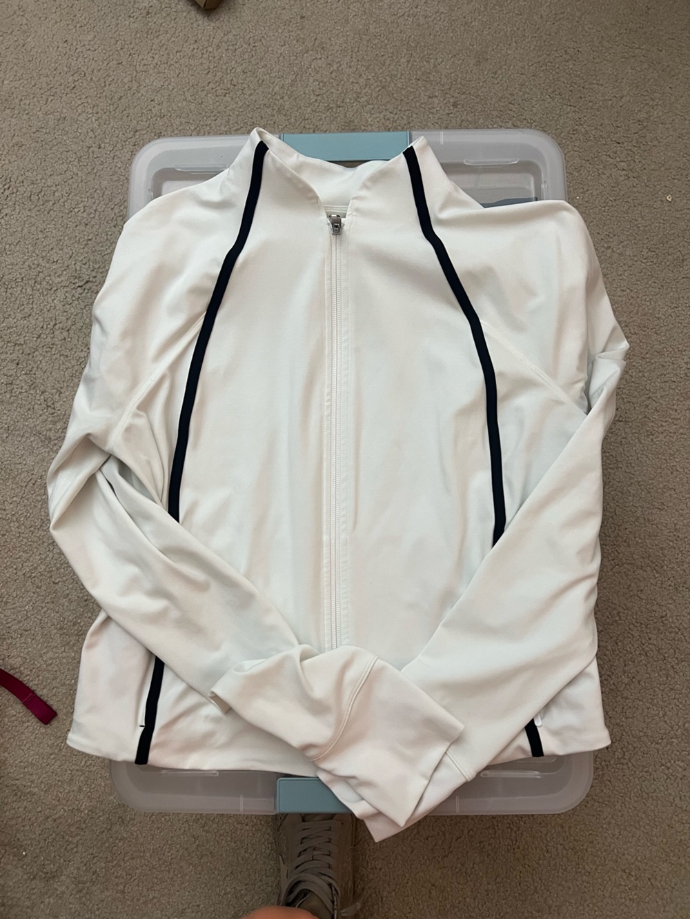 Athleta White Zip-Front Jacket with Black Piping